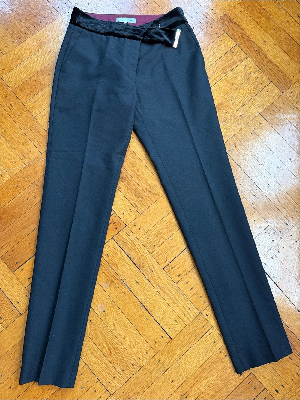 Sandro Black Tailored Women's Upcycled Trousers with Velvet Waist and Gold Clasp